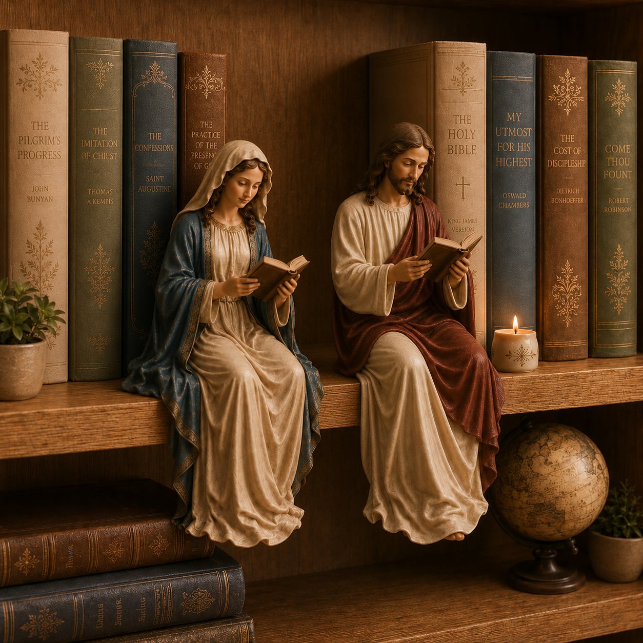 🎁Last Day 49% OFF 📖 Handcrafted Jesus/Virgin Mary Reading Bookshelf Figure