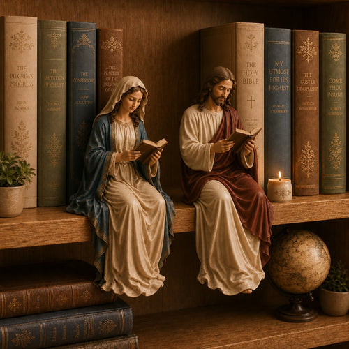 🎁Last Day 49% OFF 📖 Handcrafted Jesus/Virgin Mary Reading Bookshelf Figure