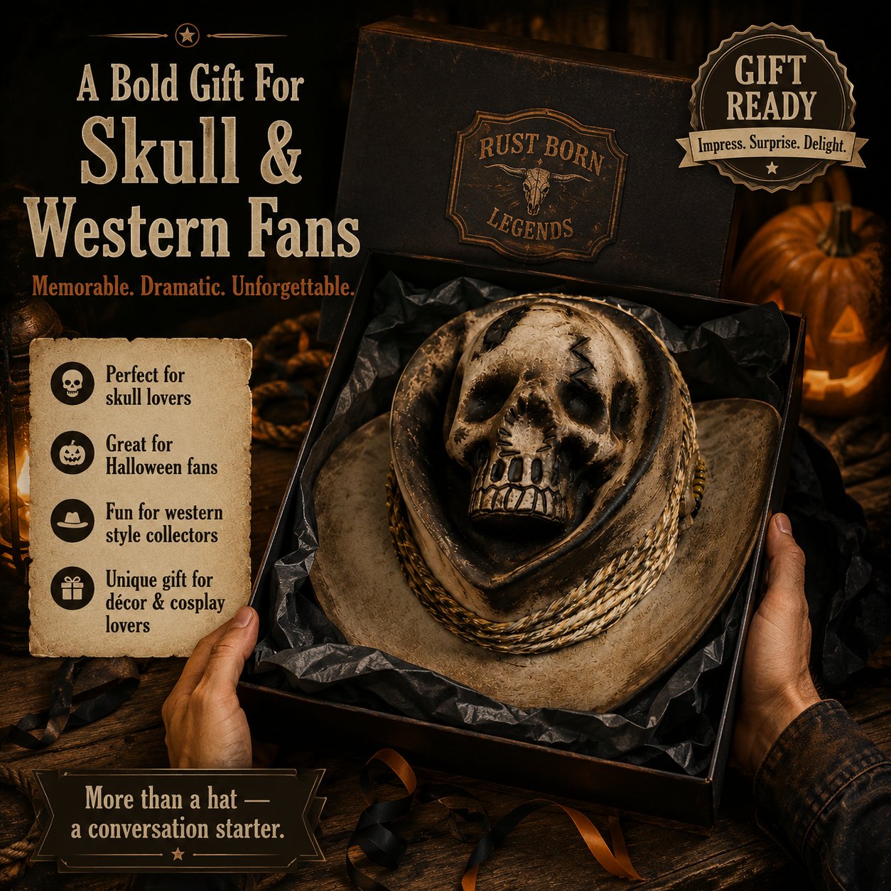💀 Handmade Ghost Skull Cowboy Hat