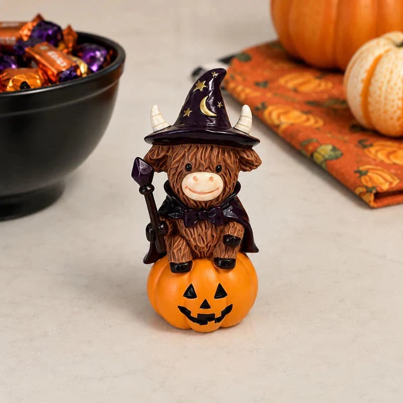🔥Last Day 49% OFF 🐮Halloween Highland Cow Witch Ornament – Spooky-Cute Tabletop Decor for Mantel, Shelf & Candy Station
