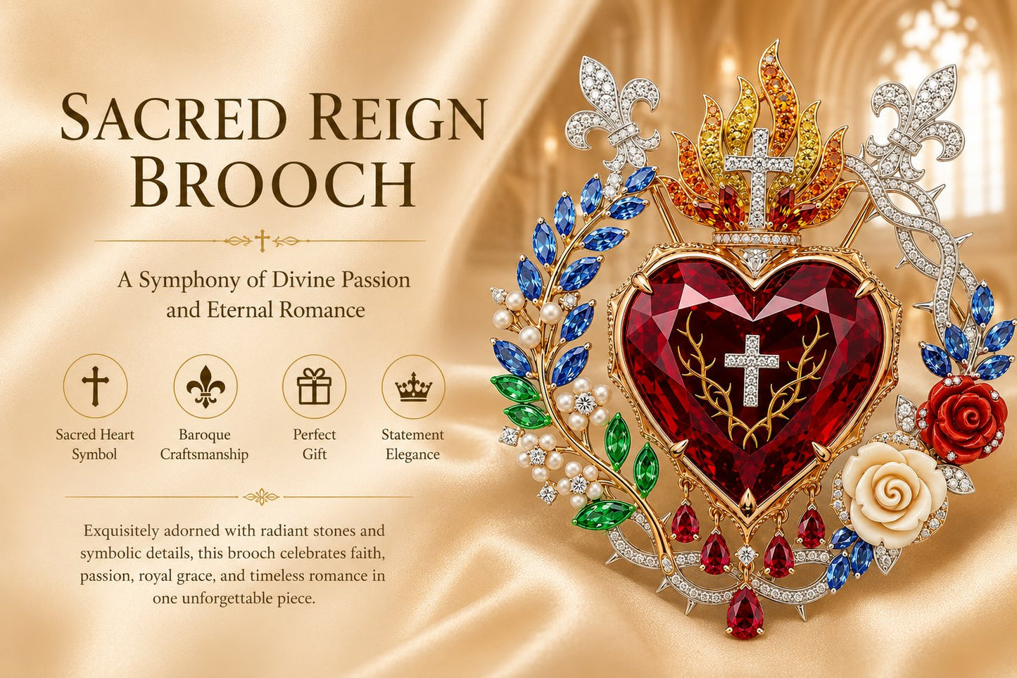 🔥HOT SALE 49% OFF❤️Sacred Heart Floral Gemstone Brooch | Vintage Palace-Inspired Statement Pin✨