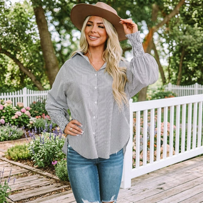 🔥Last Day 49% OFF🔥Chic Striped V-Neck Blouse: Oversized Fit & Smocked Cuffs