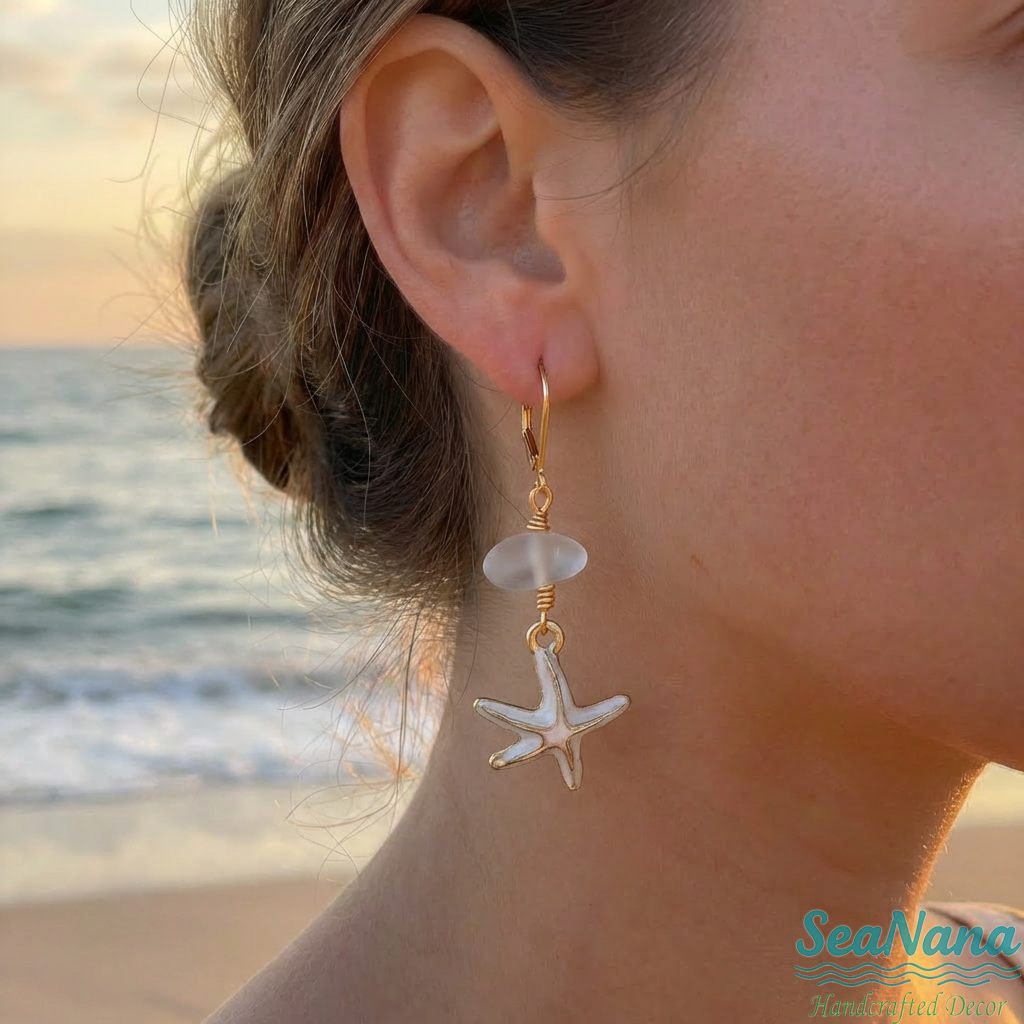 ✨Handcrafted Sea Glass & Seashell Drop Earrings