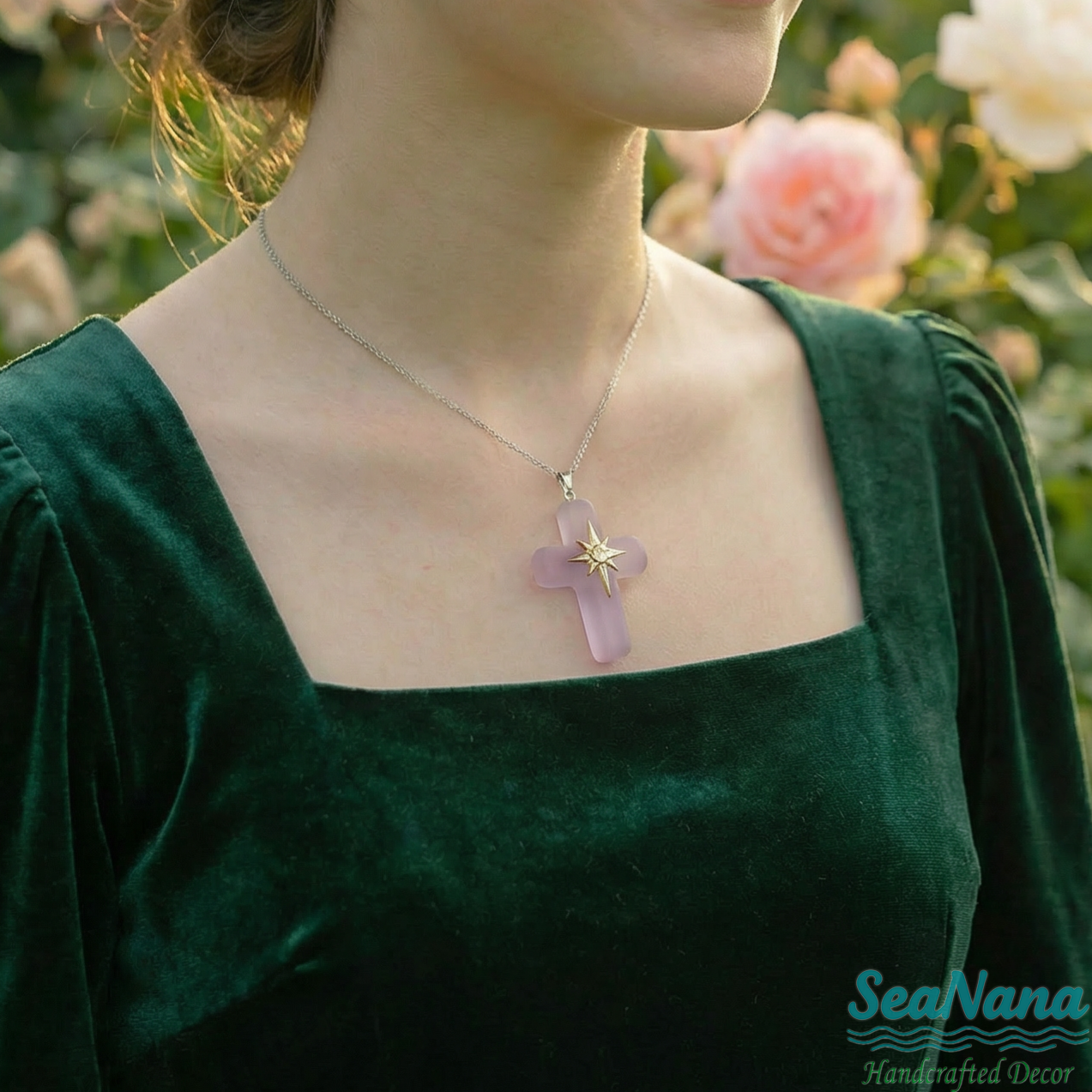 🌊Ocean Blessed Cross-Sea Glass Pendant That Shines with Faith & Nature💫