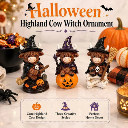 🔥Last Day 49% OFF 🐮Halloween Highland Cow Witch Ornament – Spooky-Cute Tabletop Decor for Mantel, Shelf & Candy Station