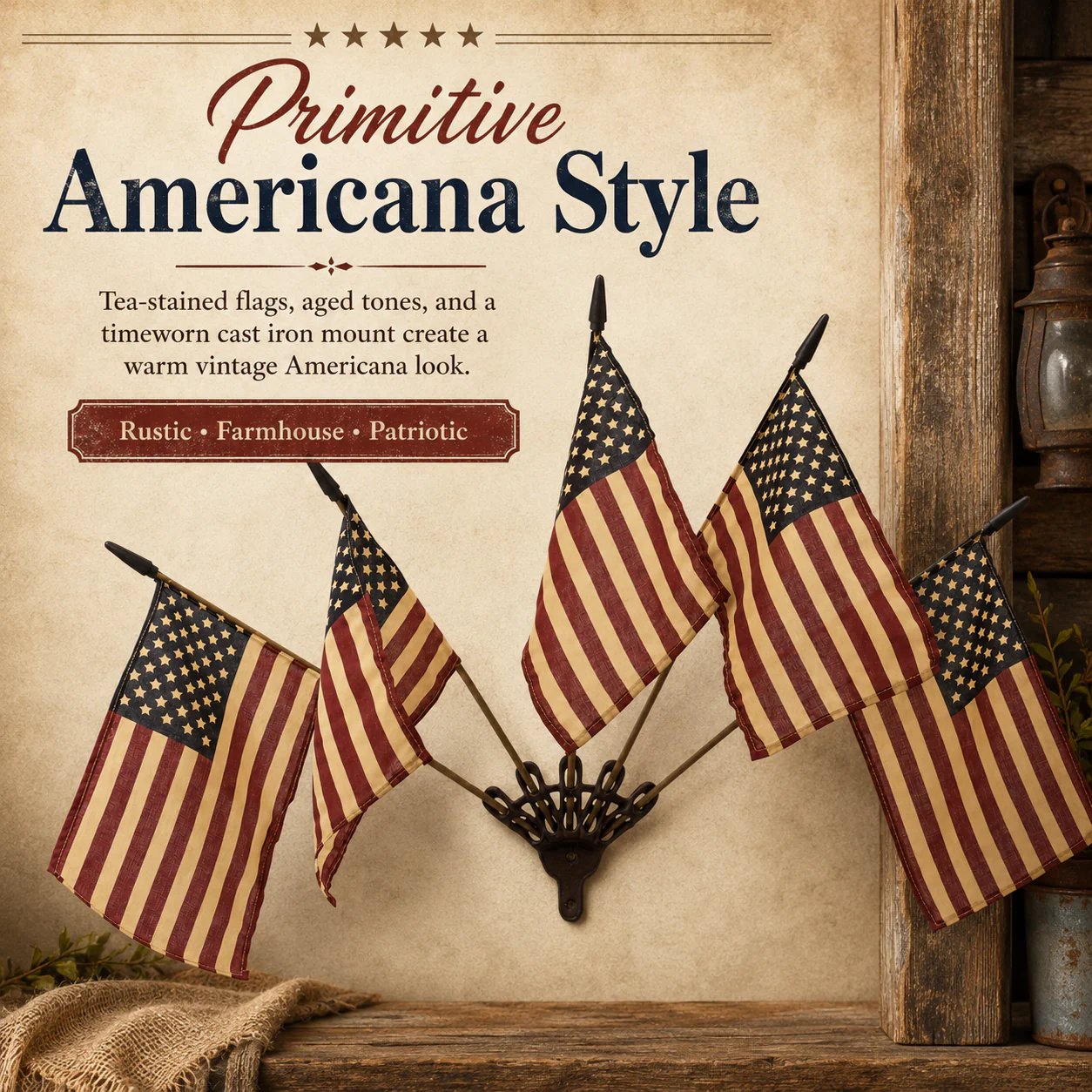 Five Tea-Stained Flags In A Rustic Cast Iron Wall Display