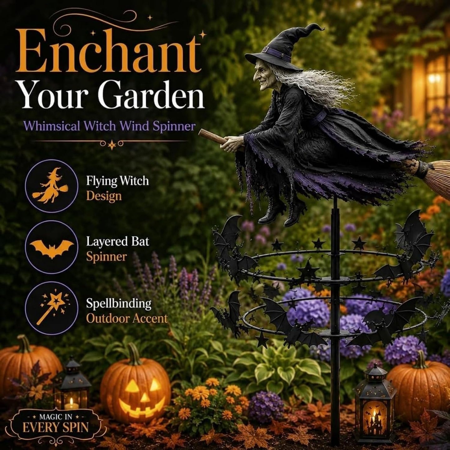 🎃🧙‍♀️All Saints' Day Promotion 49% OFF🕯️🔥🧙‍♀️🧹 Enchanted Witch Garden Wind Spinner – Where Witches Fly and Bats Dance