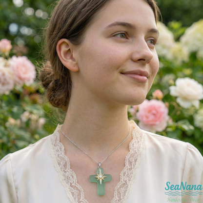 🌊Ocean Blessed Cross-Sea Glass Pendant That Shines with Faith & Nature💫