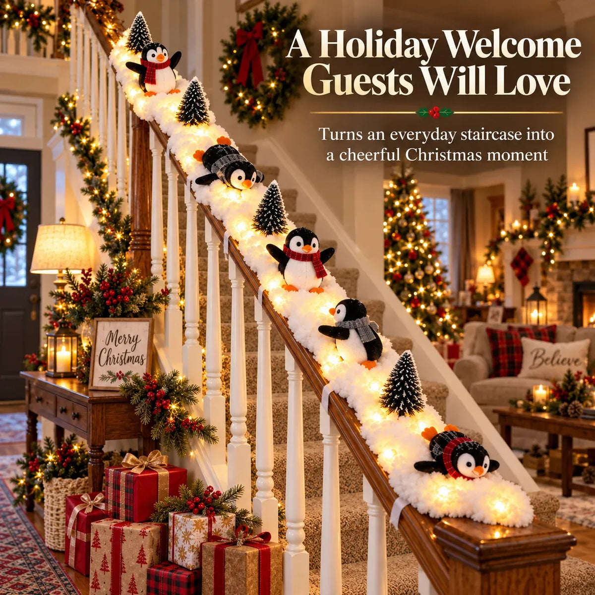 🔥Last Day 50% OFF - 🔥Playful Penguin Snowy Stair Railing Decor