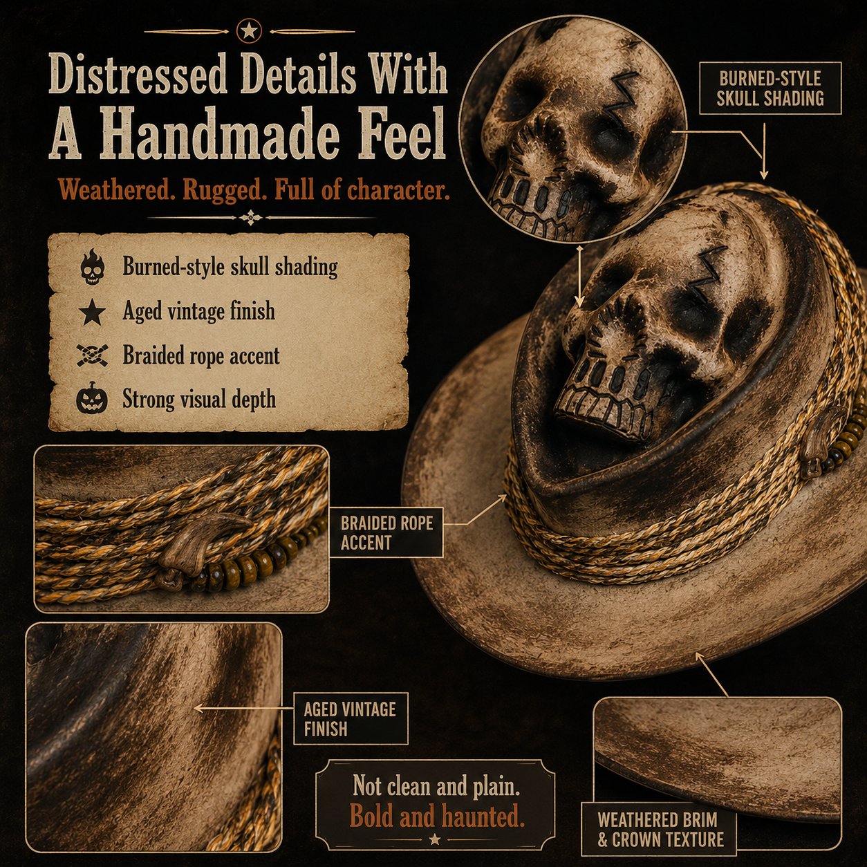 💀 Handmade Ghost Skull Cowboy Hat
