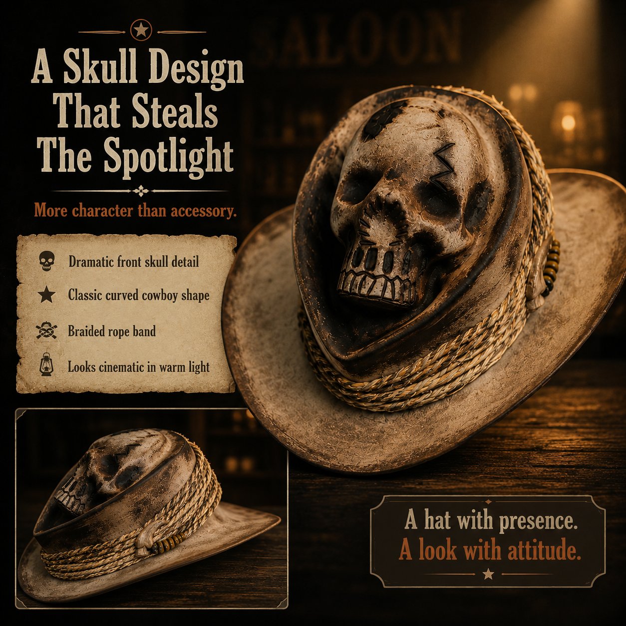 💀 Handmade Ghost Skull Cowboy Hat