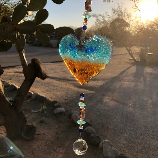 Ocean-Heart-Beach Suncatcher-Turquoise-Starfish-Seashells-Glass-Prism