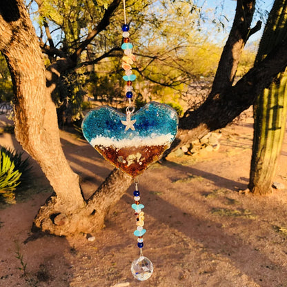 Ocean-Heart-Beach Suncatcher-Turquoise-Starfish-Seashells-Glass-Prism