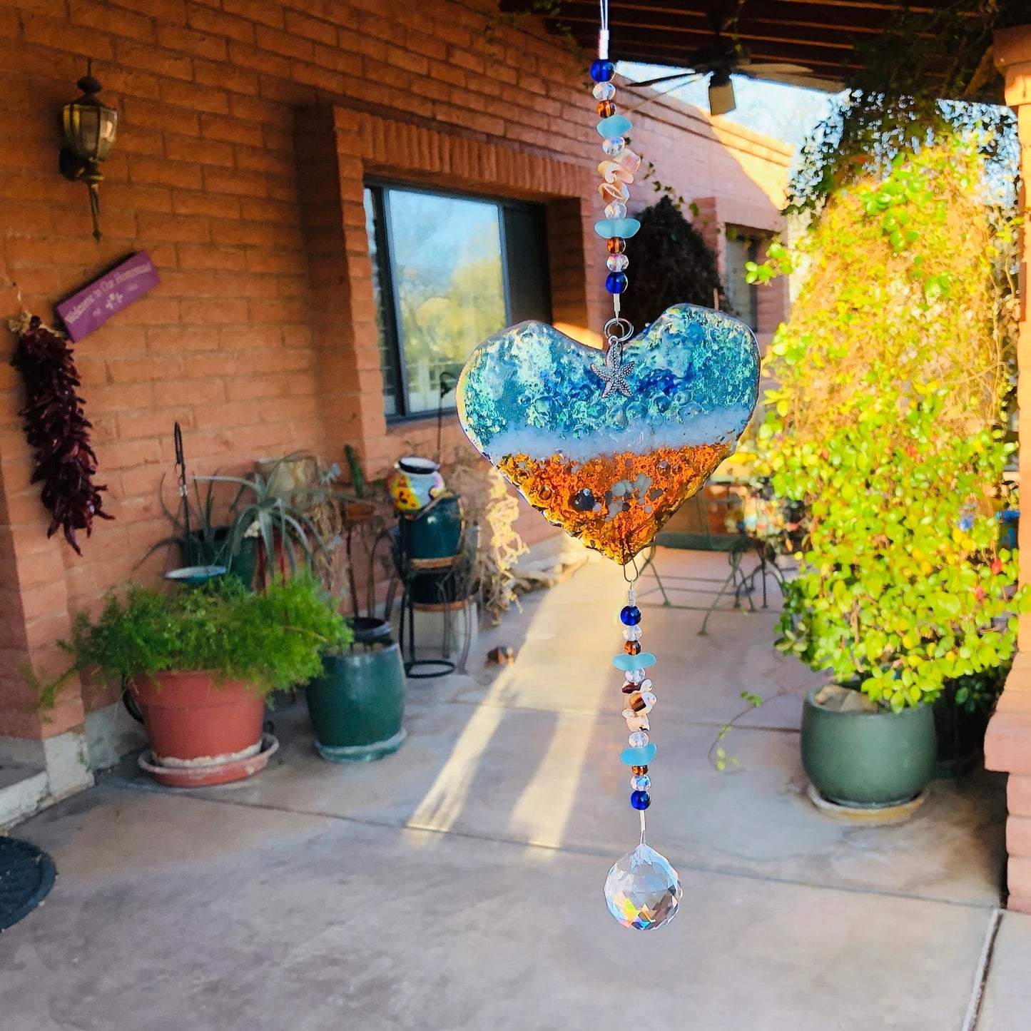 Ocean-Heart-Beach Suncatcher-Turquoise-Starfish-Seashells-Glass-Prism