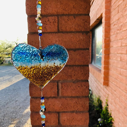 Ocean-Heart-Beach Suncatcher-Turquoise-Starfish-Seashells-Glass-Prism