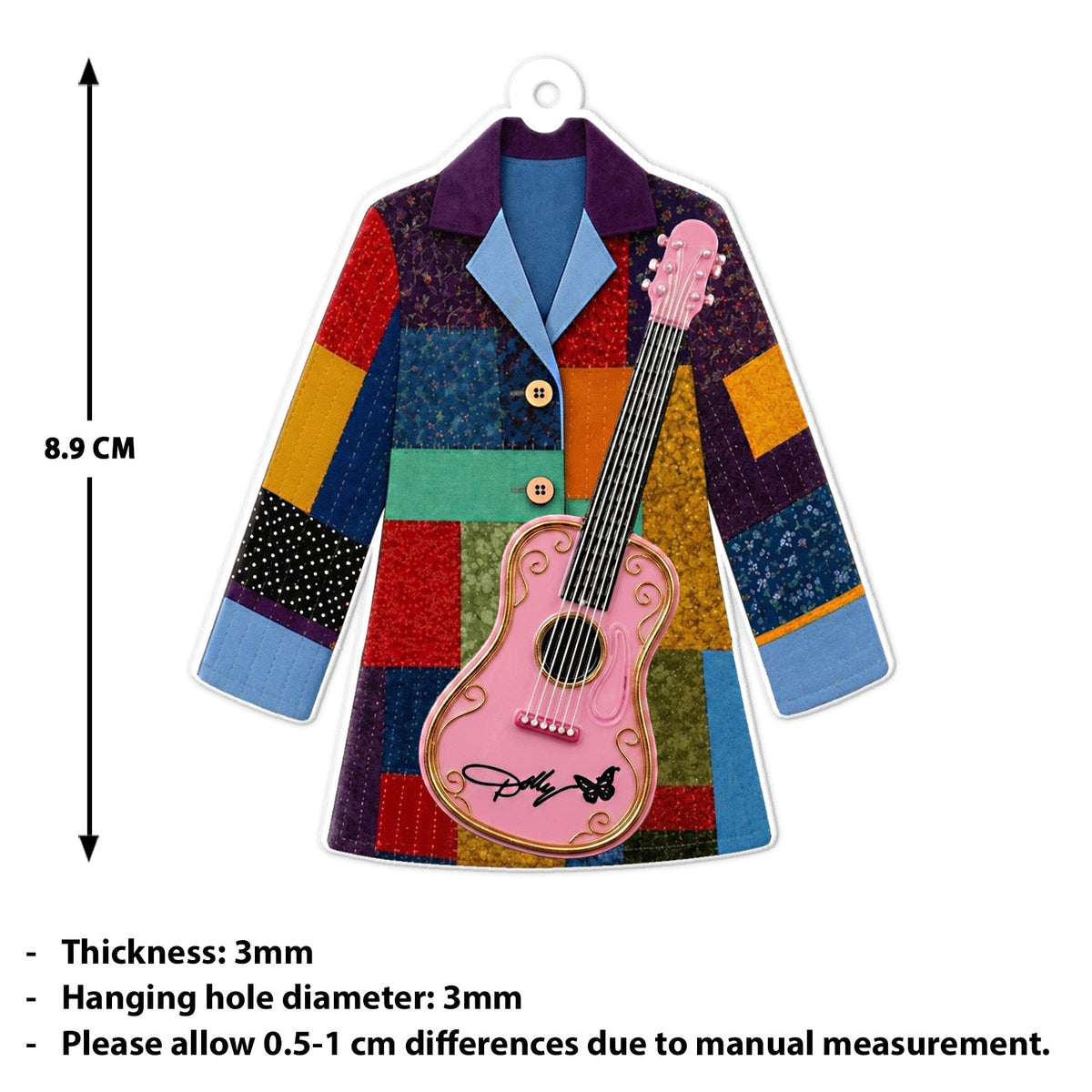 Dolly Parton Coat of Many Colors Acrylic Ornament, Pink Guitar Country Music Christmas Ornament 686130