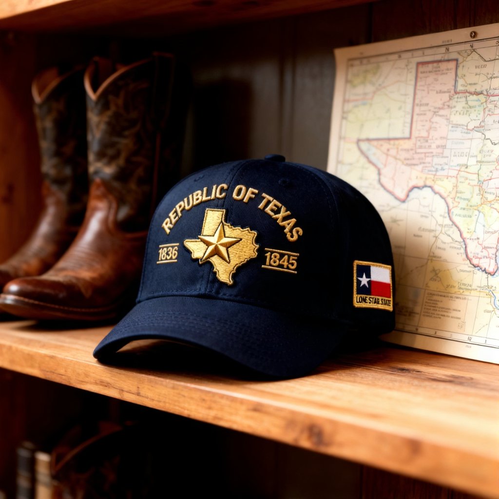 Republic of Texas embroidered hat on shelf with cowboy boots