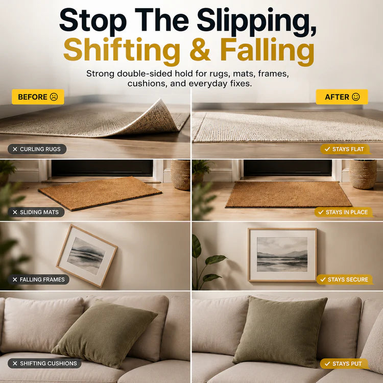 Before and after examples of rugs, frames, mats and cushions held in place