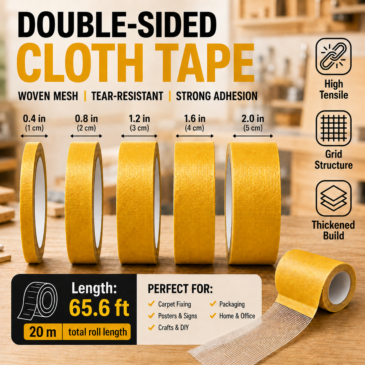 Double-sided cloth tape sizes and construction